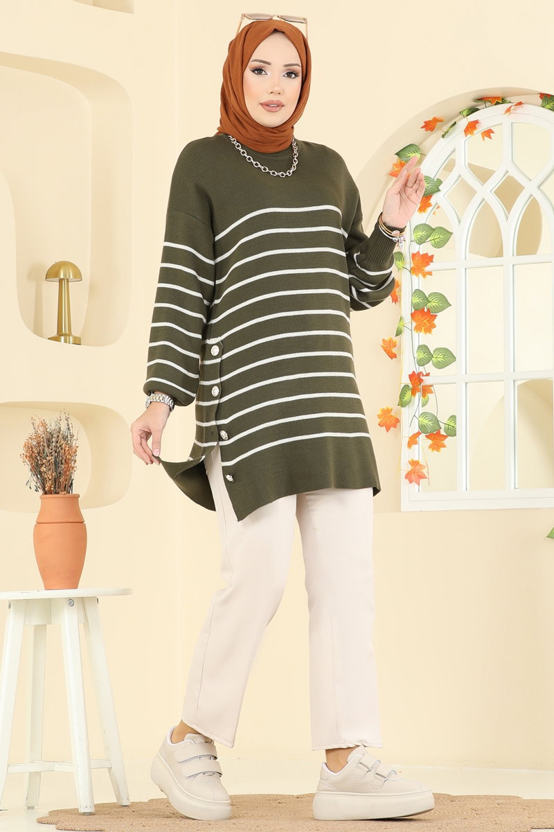 Tuniği Çizgili Triko Tunik 2751AYD574 Haki