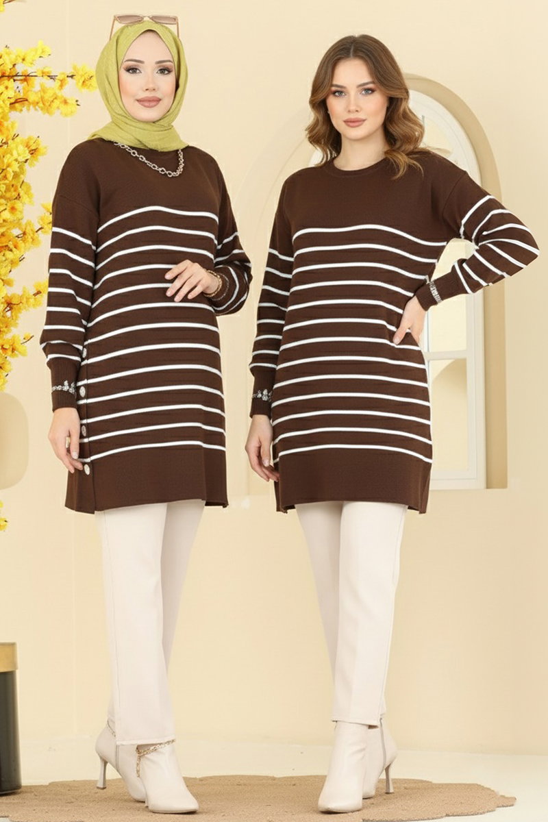 Tuniği Çizgili Triko Tunik 2751AYD574 Kahve