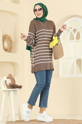 moda selvim Tuniği Çizgili Triko Tunik 2751AYD574 Koyu Vizyon - Thumbnail