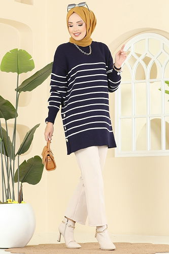 moda selvim Tuniği Çizgili Triko Tunik 2751AYD574 Laci - Thumbnail