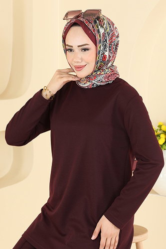 moda selvim Tuniği Yırtmaçlı 2 li Takım 040MR1078 Mürdüm - Thumbnail