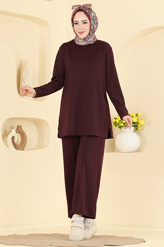 moda selvim Tuniği Yırtmaçlı 2 li Takım 040MR1078 Mürdüm - Thumbnail