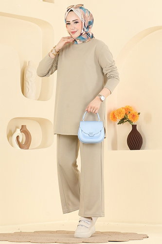 moda selvim Tuniği Yırtmaçlı 2 li Takım 040MR1078 Taş - Thumbnail