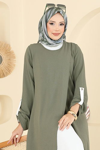 moda selvim Tuniği Yırtmaçlı Elbiseli Takım 2742SL432 Çağla&Ekru - Thumbnail