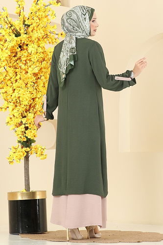 moda selvim Tuniği Yırtmaçlı Elbiseli Takım 2742SL432 Haki&Vizyon - Thumbnail