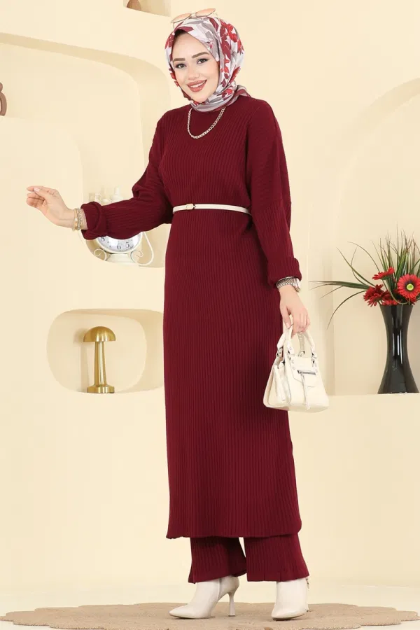 Modaselvim Kombin Tuniği Yırtmaçlı Triko Takım 2774AYD574 Bordo