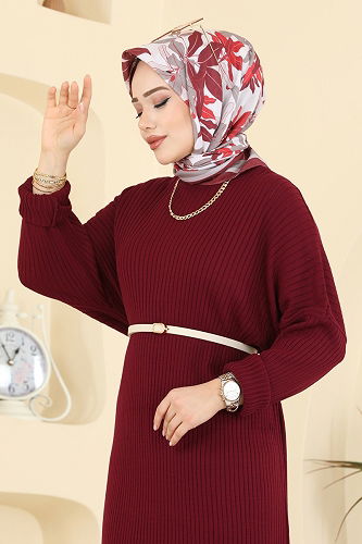 moda selvim Tuniği Yırtmaçlı Triko Takım 2774AYD574 Bordo - Thumbnail