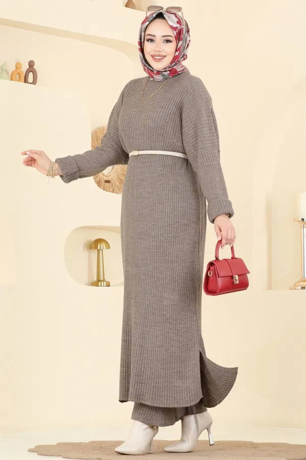 Modaselvim Kombin Tuniği Yırtmaçlı Triko Takım 2774AYD574 Koyu Vizyon