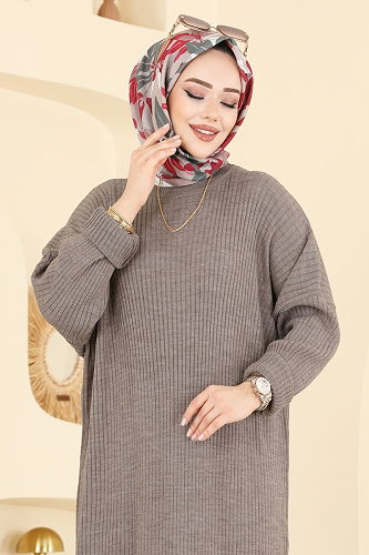 moda selvim Tuniği Yırtmaçlı Triko Takım 2774AYD574 Koyu Vizyon - Thumbnail