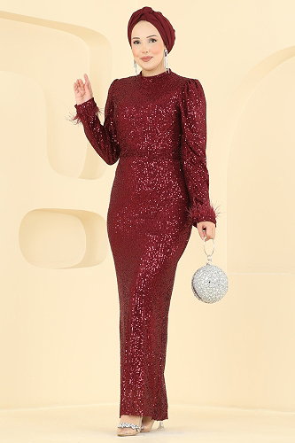 moda selvim Tüy Detaylı Payet Abiye 5779EDF311 Bordo - Thumbnail