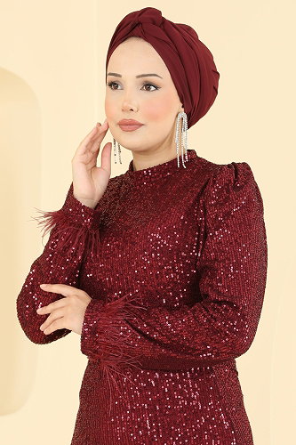 moda selvim Tüy Detaylı Payet Abiye 5779EDF311 Bordo - Thumbnail
