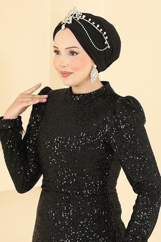 moda selvim Tüy Detaylı Payet Abiye 5779EDF311 Siyah - Thumbnail
