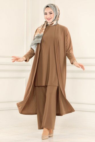 moda selvim Üçlü Sandy Tesettür Takım 4171AF356 Latte - Thumbnail