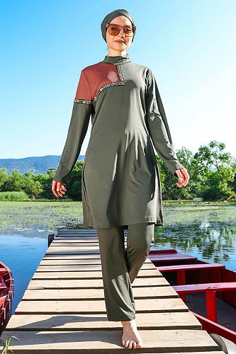 moda selvim Üçlü Tam Kapalı Tesettür Mayo 2108MRNK1139 Haki - Thumbnail