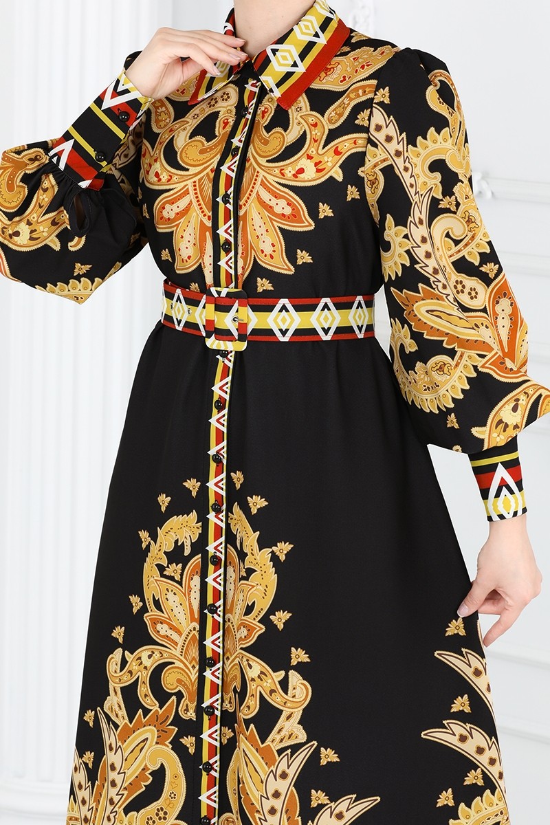 Desenli Kemerli Elbise 2395JNF844 görsel 5