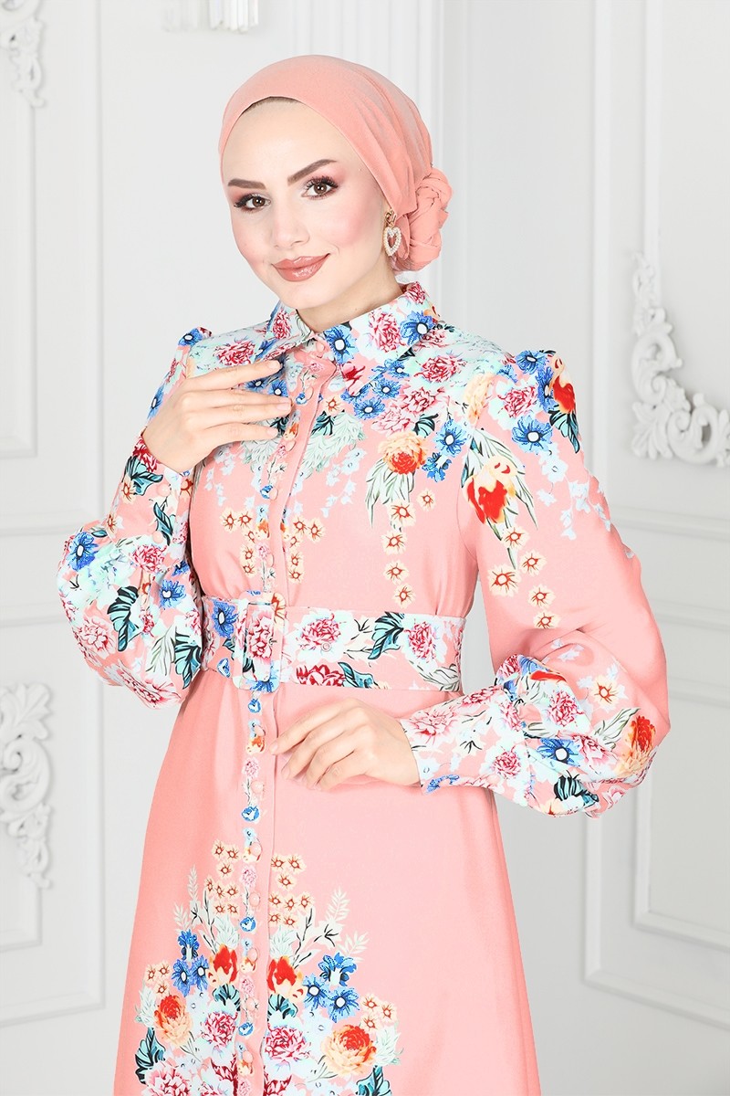 Çiçek Desenli Atlas Elbise 22144JNF844 görsel 4