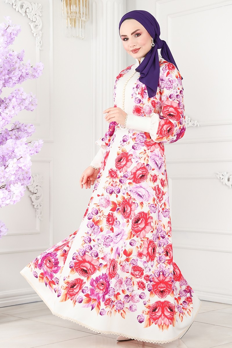 Çiçek Desenli Atlas Elbise 2410JNF844 görsel 3
