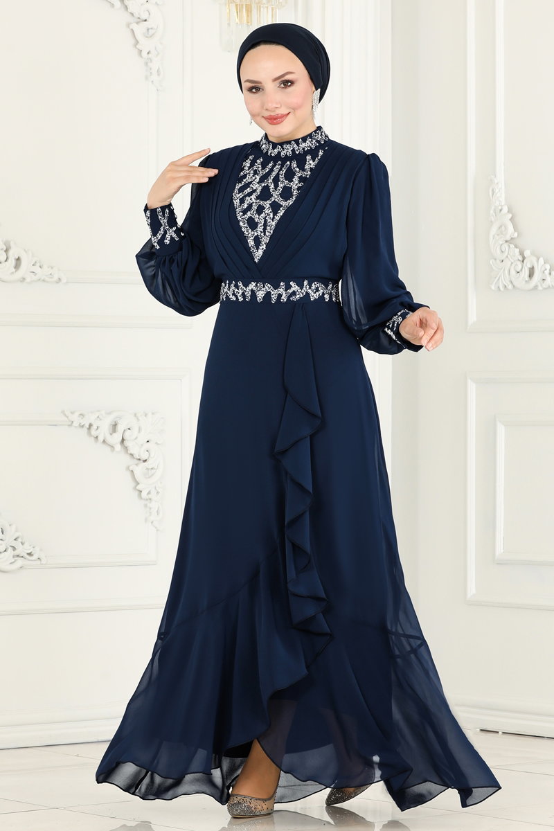 Taşlı Eteği Volanlı Şifon Abiye 5671AB368 görsel 3