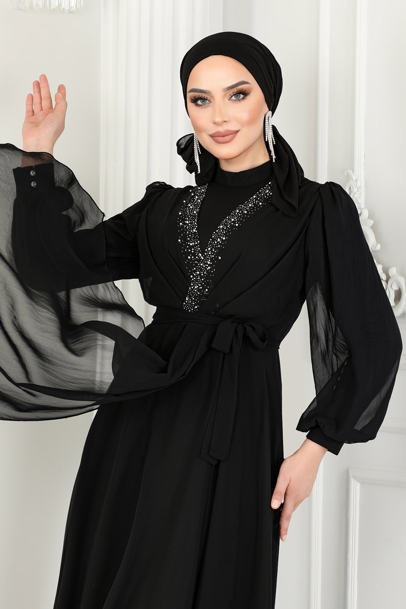 Taş İşlemeli Şifon Abiye 5408AB368 görsel 4