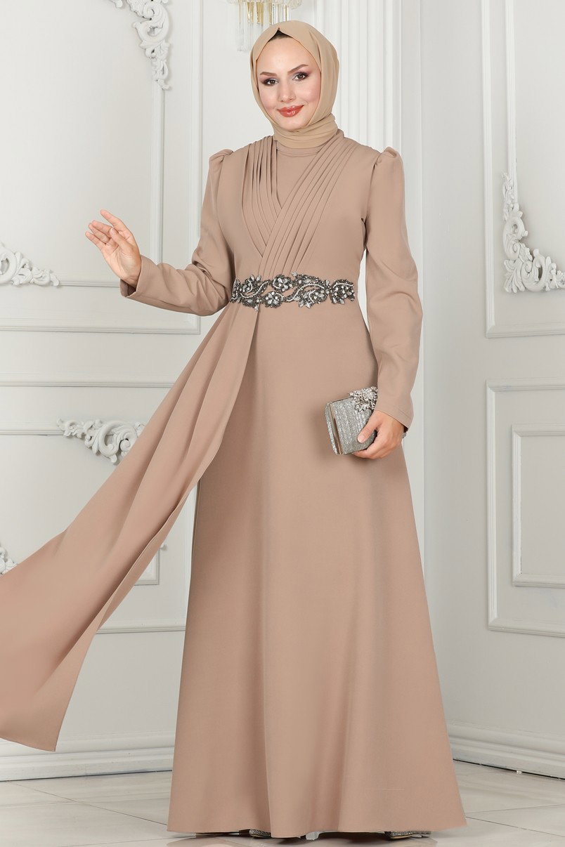 Beli Taş İşlemeli Abiye Elbise 6883MDH809