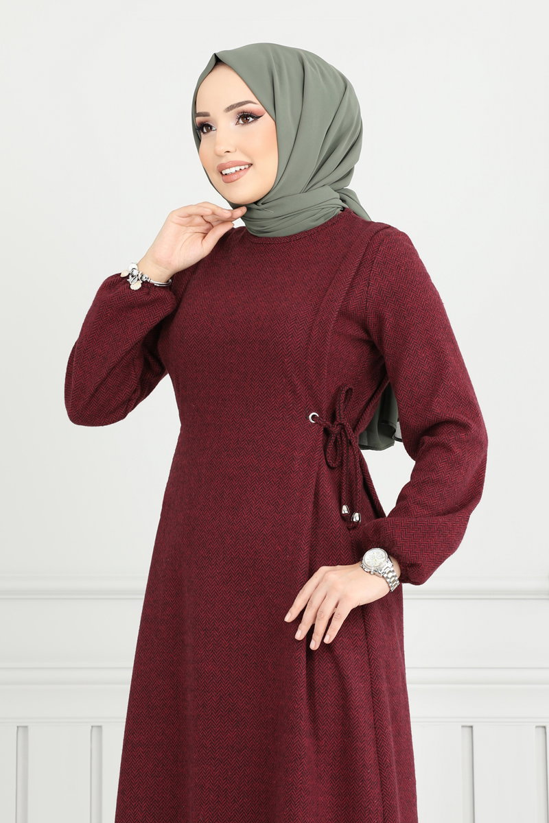 Beli Bağcıklı Tesettür Elbise 22037UKB139 görsel 3