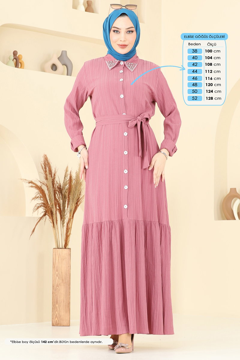 Yakası Taşlı Tesettür Elbise 4063PM271 görsel 3