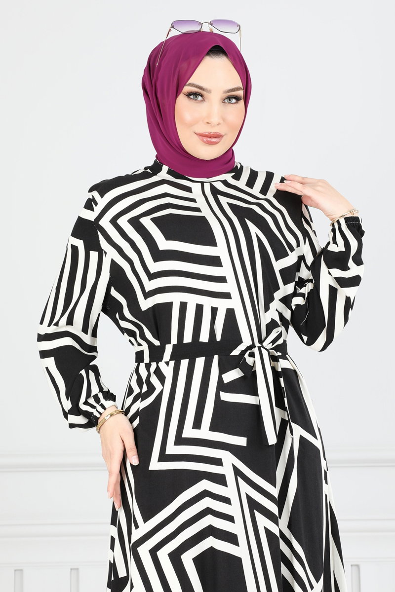 Geometrik Desenli Viskon Elbise 811OZN1046 görsel 4