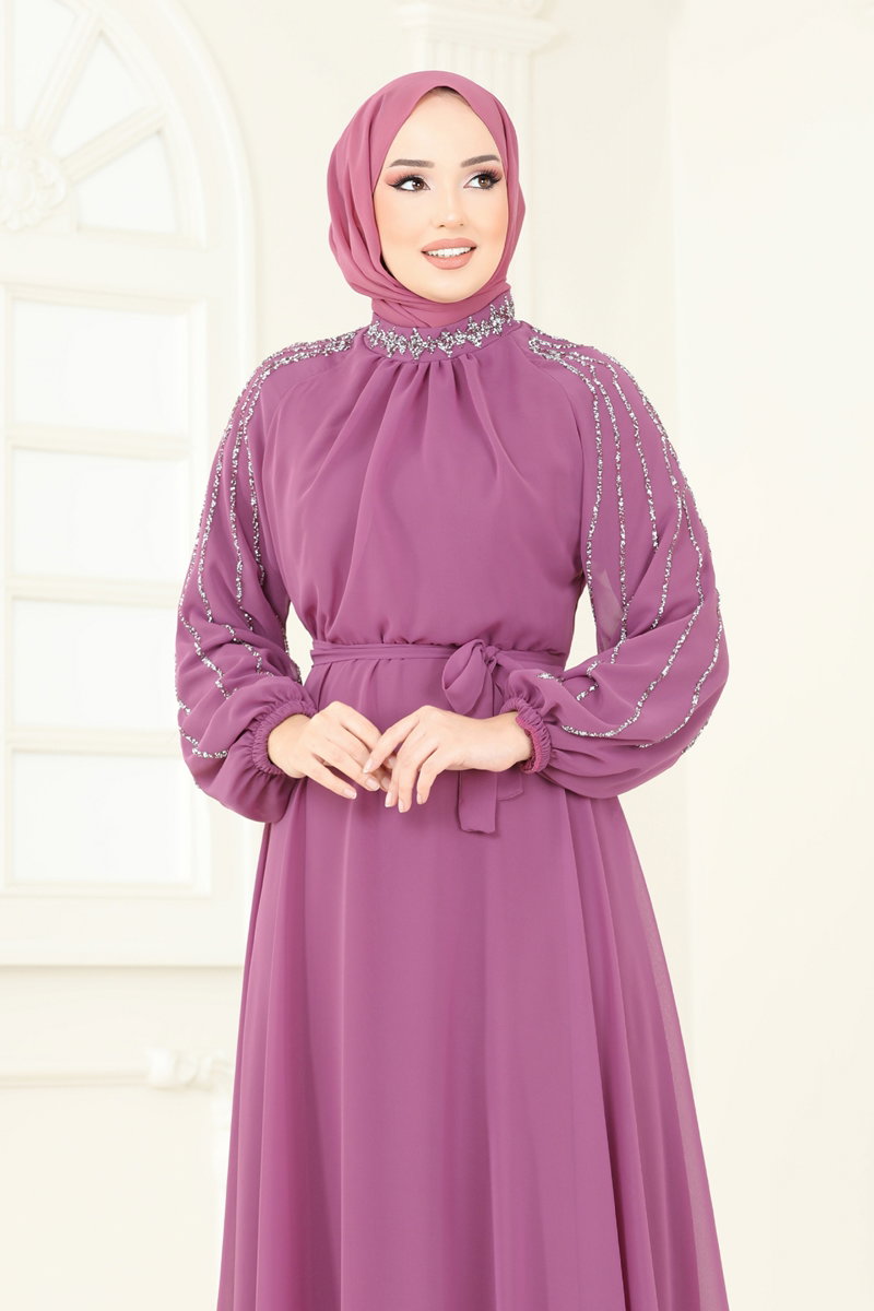 Kolları Taşlı Şifon Abiye 5666EDF311 görsel 4