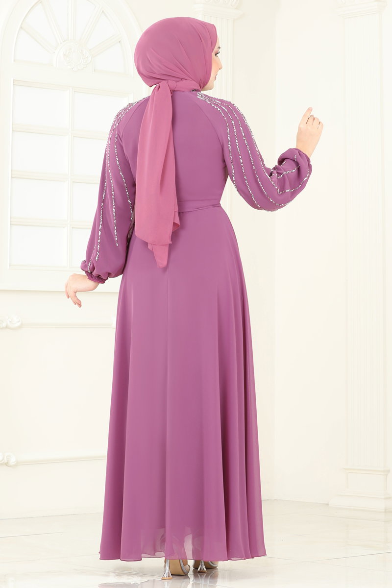 Kolları Taşlı Şifon Abiye 5666EDF311 görsel 5