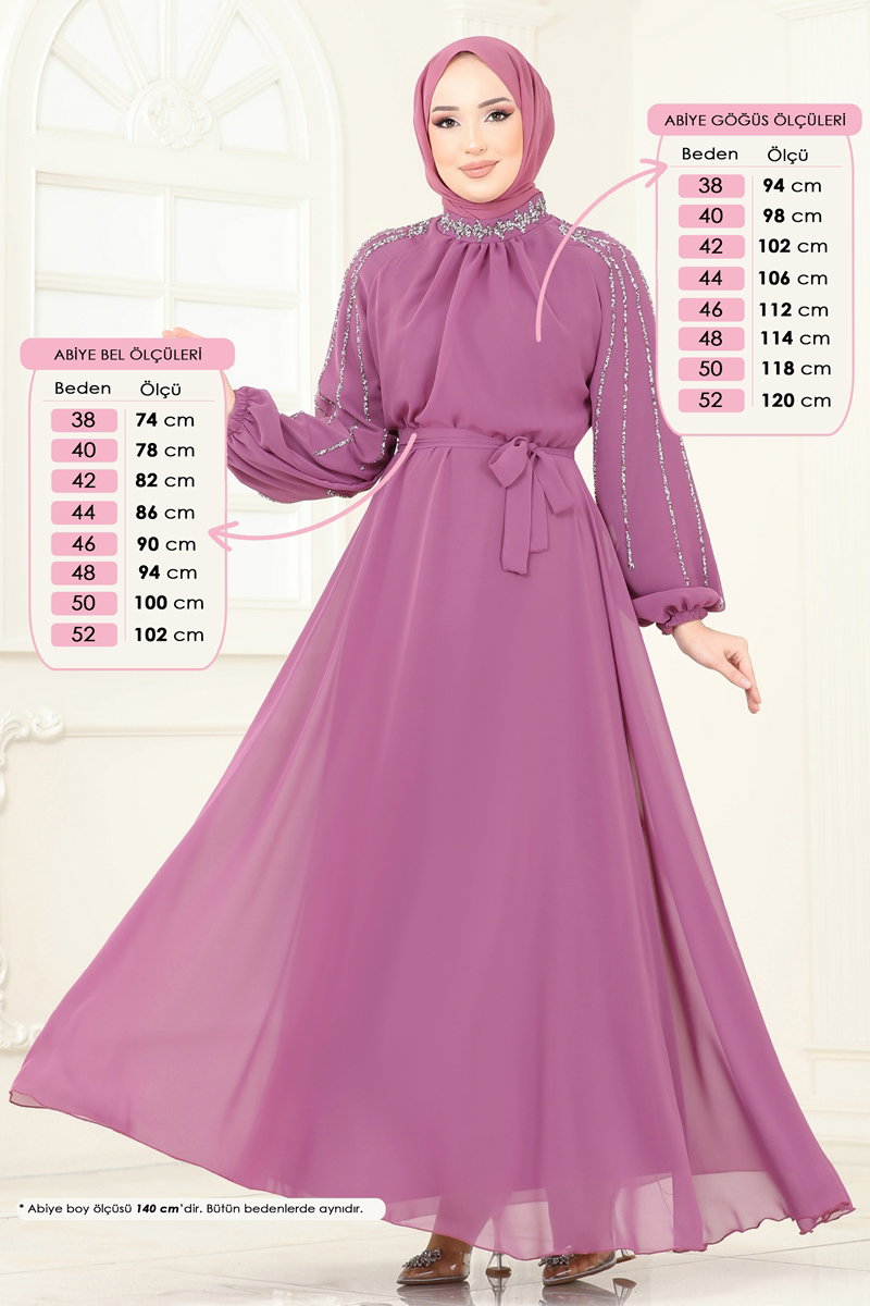 Kolları Taşlı Şifon Abiye 5666EDF311 görsel 3