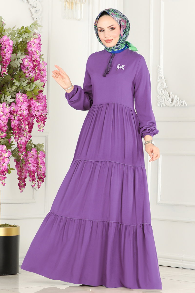Yakası Bağlamalı Viskon Elbise 1068BG354 görsel 4