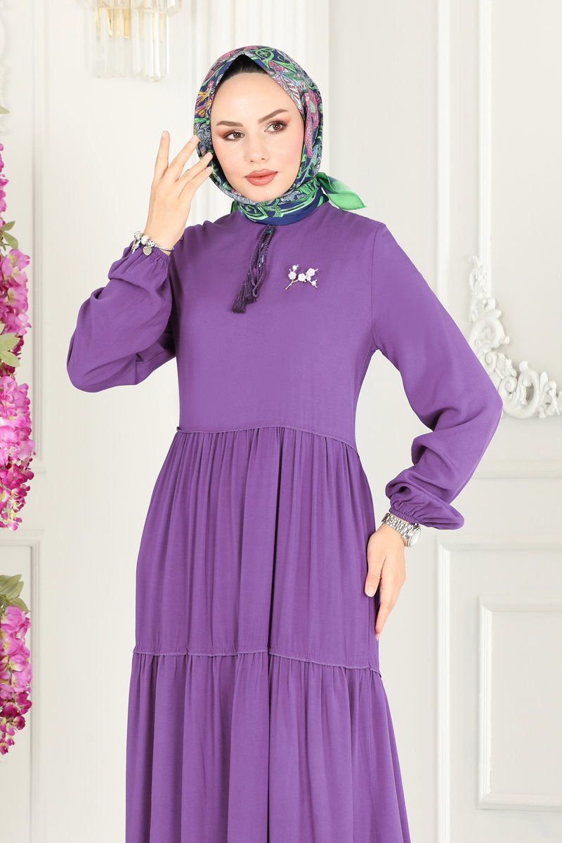 Yakası Bağlamalı Viskon Elbise 1068BG354 görsel 5