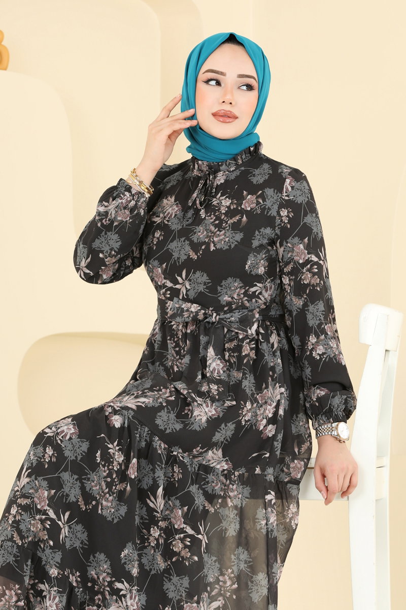 Yaprak Desen Şifon Elbise 5205AL357 görsel 5