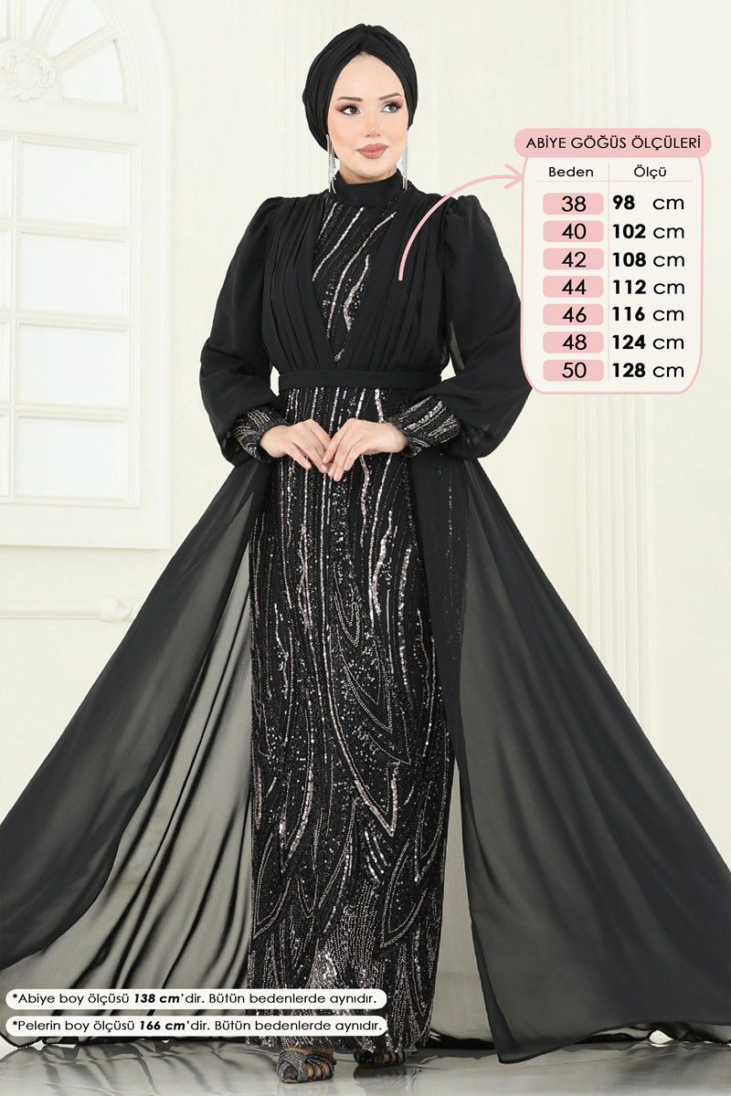 Şifon Pelerinli Tesettür Abiye 6631YG95 görsel 4