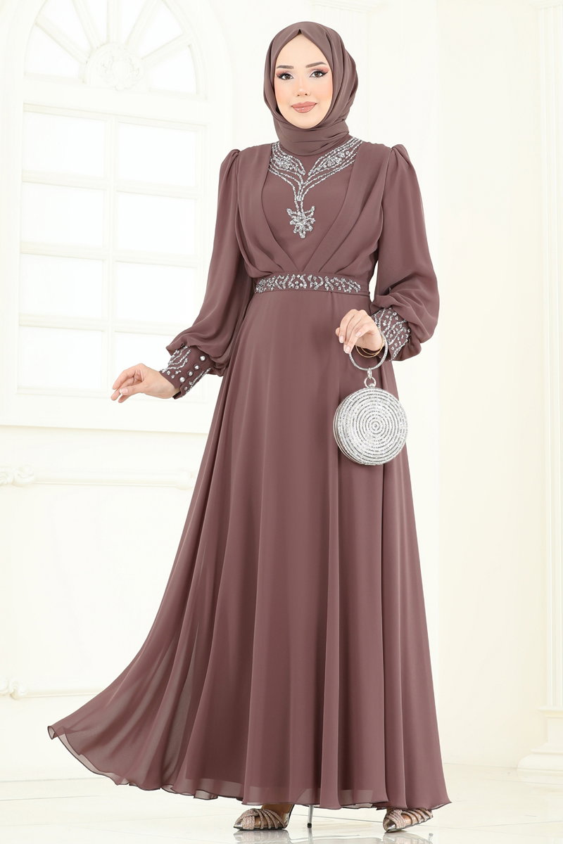 Taşlı Şifon Tesettür Abiye 7084ABK1075