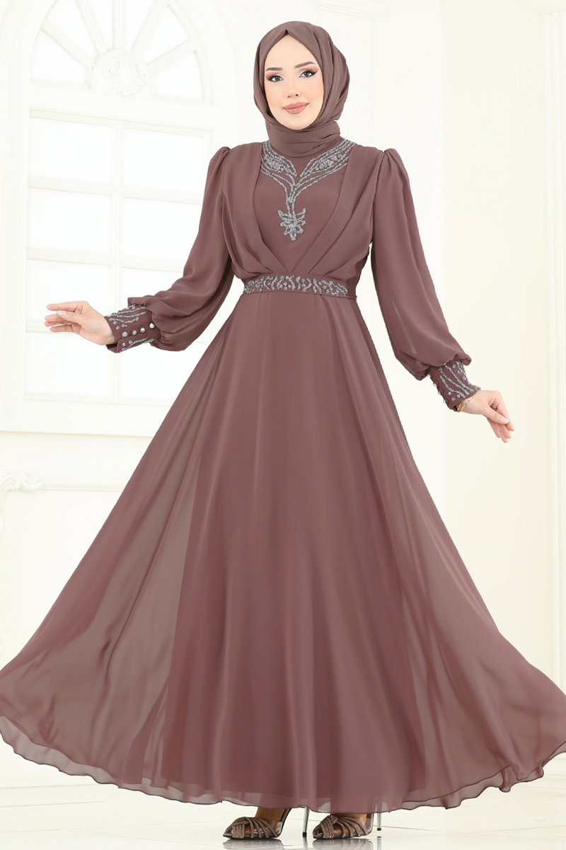 Taşlı Şifon Tesettür Abiye 7084ABK1075 görsel 3