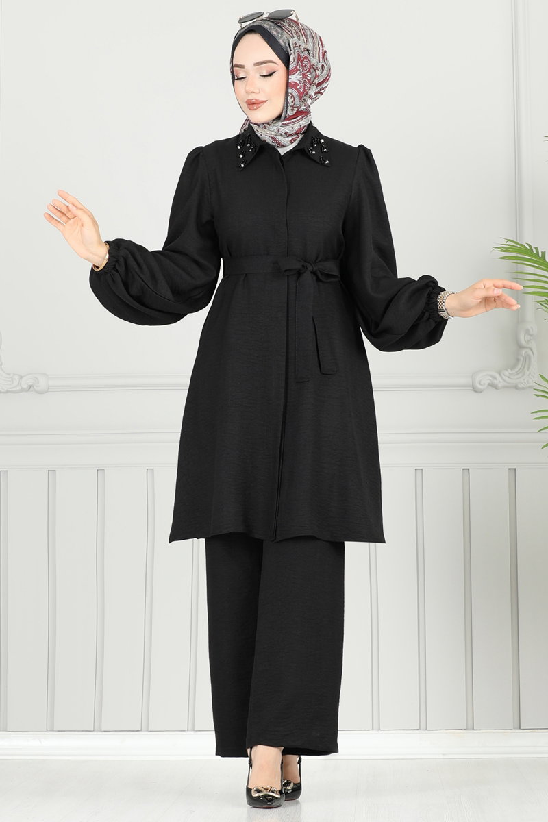 Yakası Taşlı Tesettür Takım 9038S324 görsel 3
