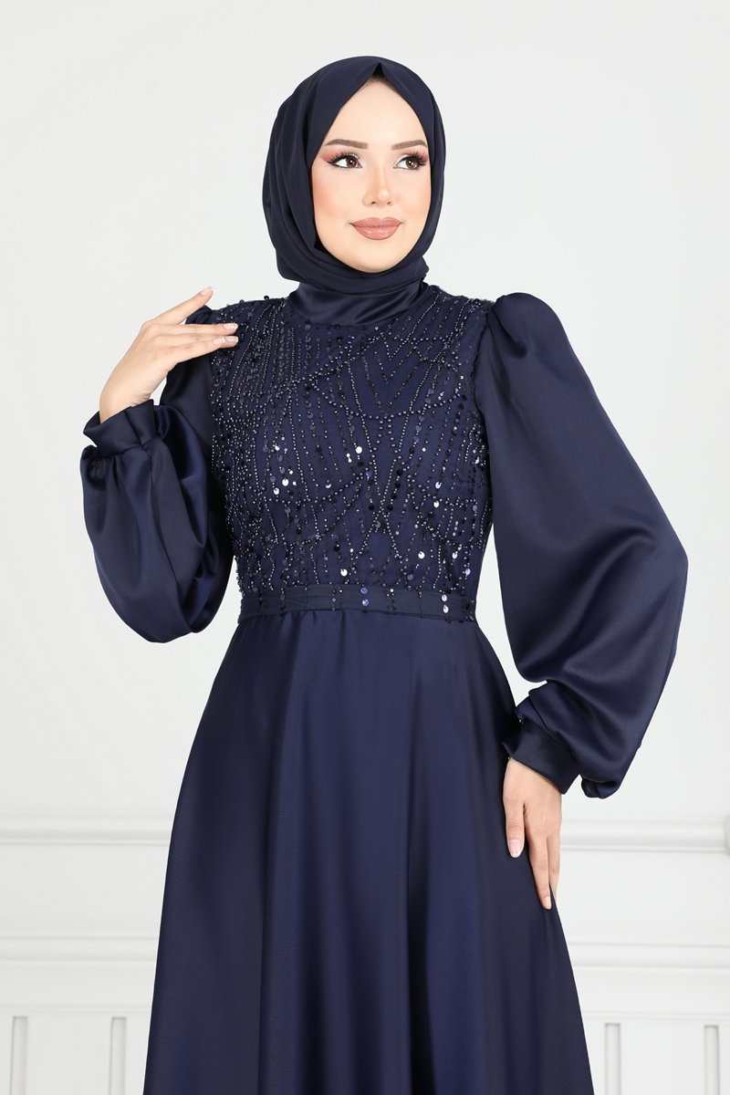 Boncuk İşlemeli Saten Abiye 5691EDF311 görsel 4