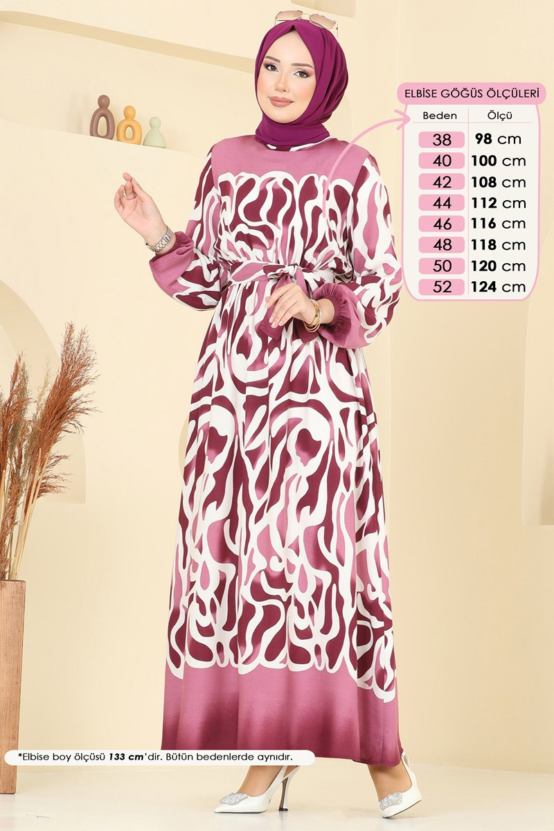 Beli Lastikli Desenli Elbise 7127BG354 görsel 3