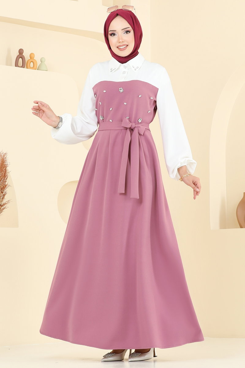 Önü Taşlı Tesettür Elbise 8035ABK1075 görsel 3