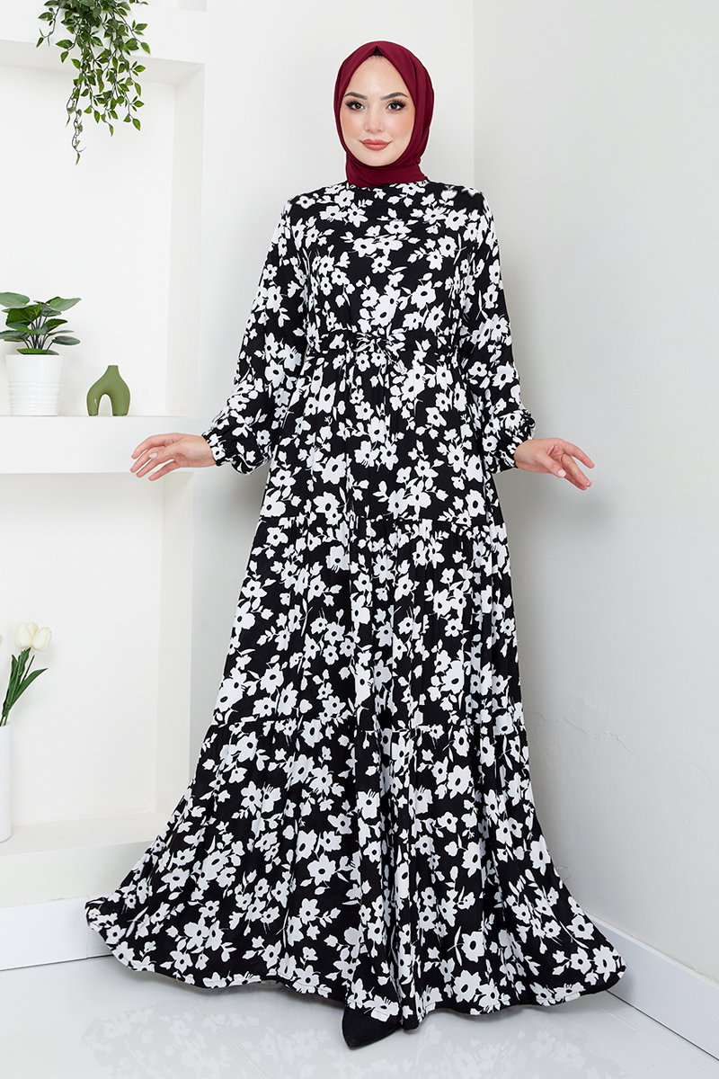 Beli Tünelli Desenli Elbise 9702HBS932-M görsel 6