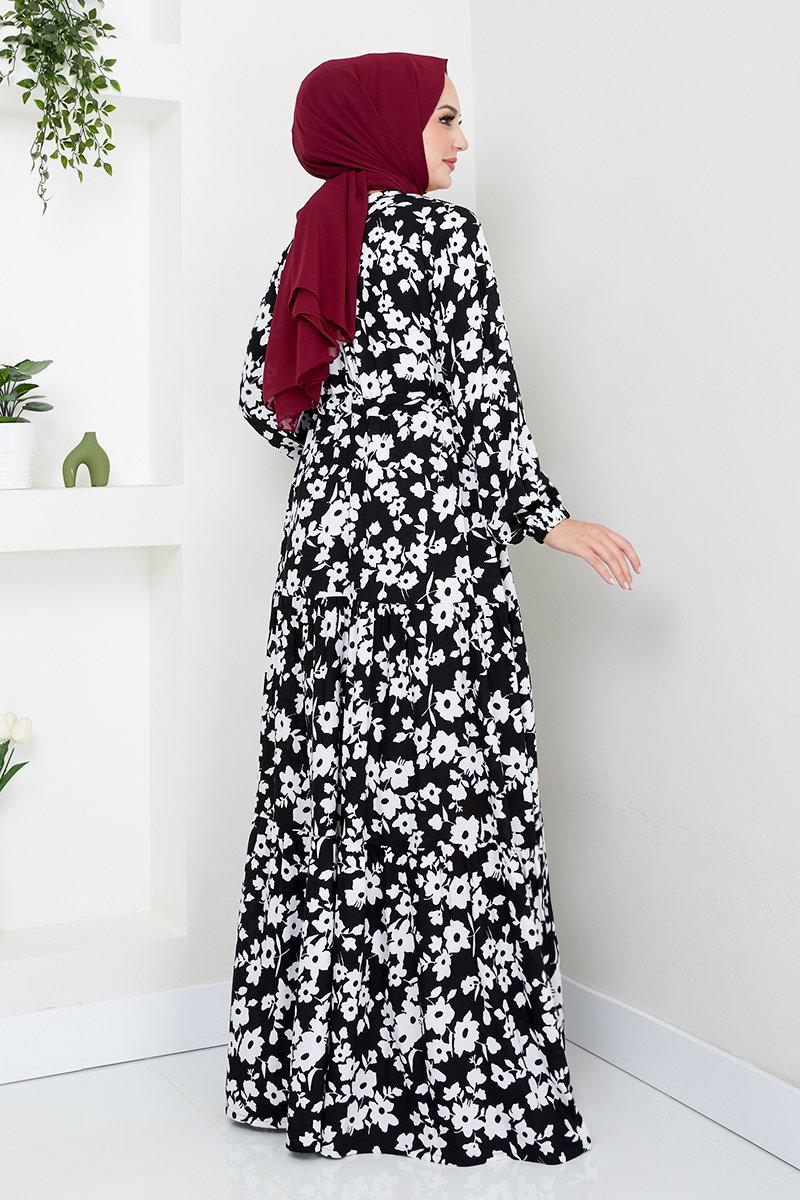 Beli Tünelli Desenli Elbise 9702HBS932-M görsel 5