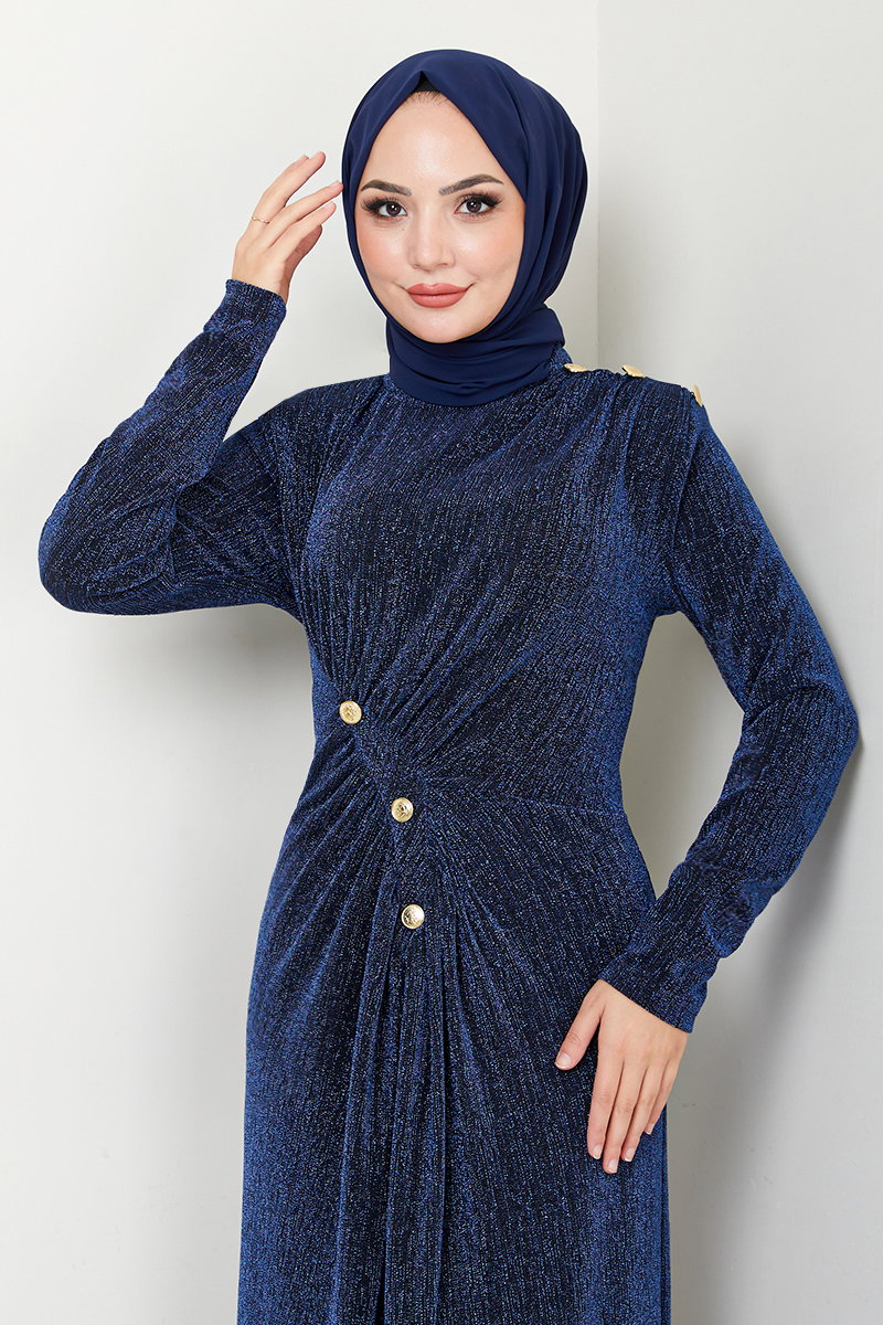 Aksesuar Düğmeli Simli Abiye 3010BSS1025-M görsel 3