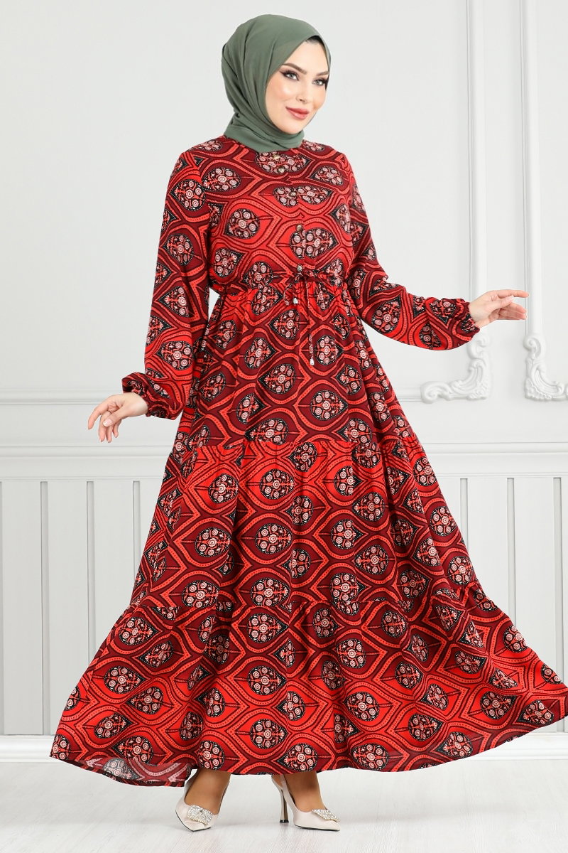 Beli Bağcıklı Desenli Elbise 1137BGS895-M görsel 5