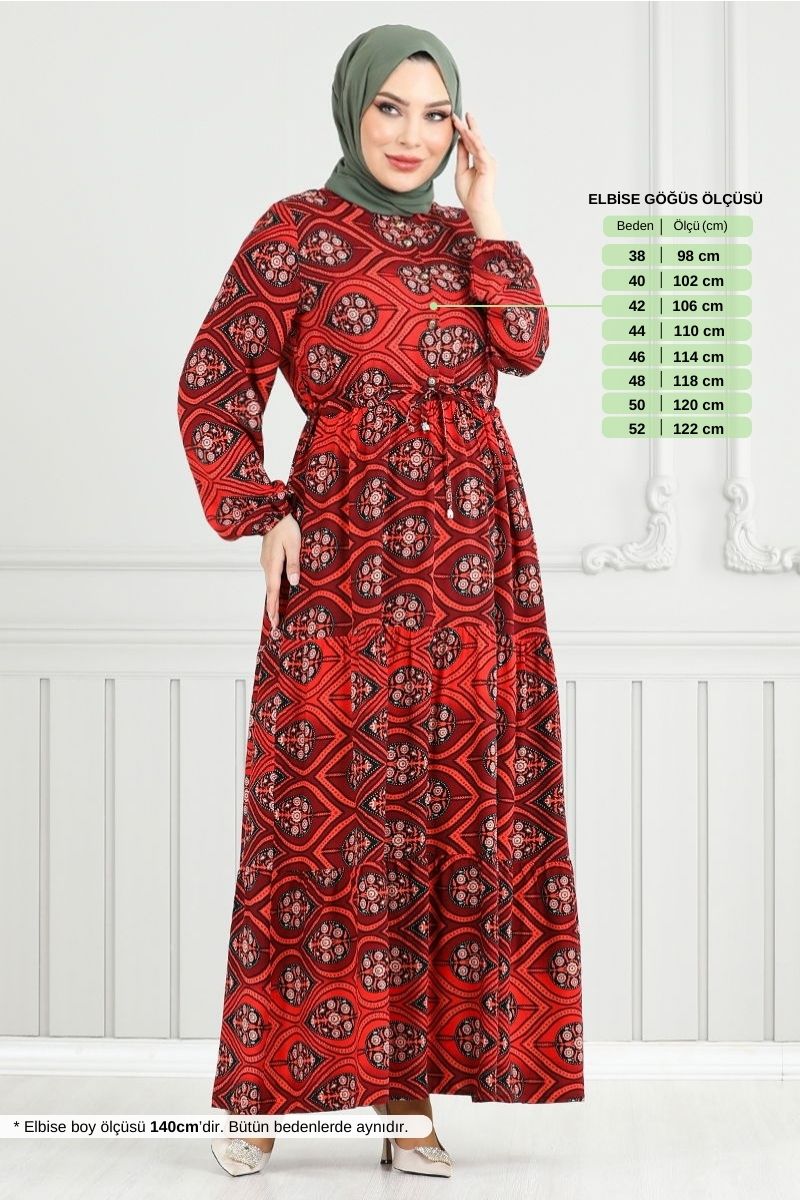 Beli Bağcıklı Desenli Elbise 1137BGS895-M