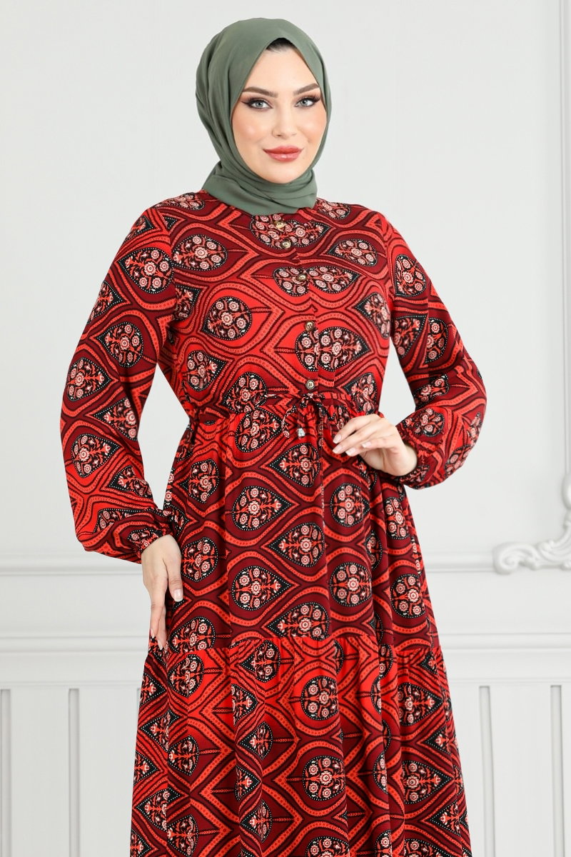 Beli Bağcıklı Desenli Elbise 1137BGS895-M görsel 3