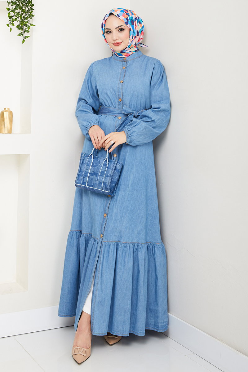Kuşaklı Kot Elbise 25022MTS1095-M görsel 6