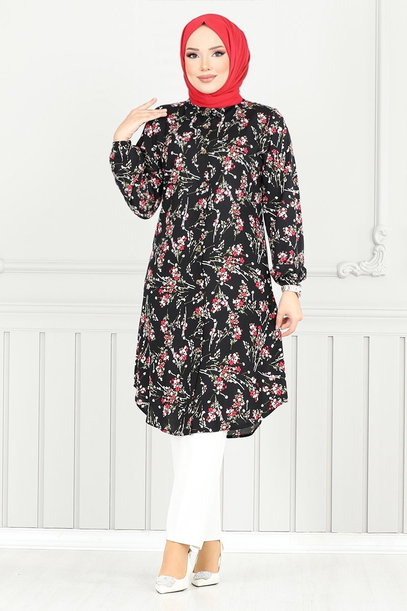 Çiçek Desenli Tesettür Tunik 0174BGS895-M görsel 5