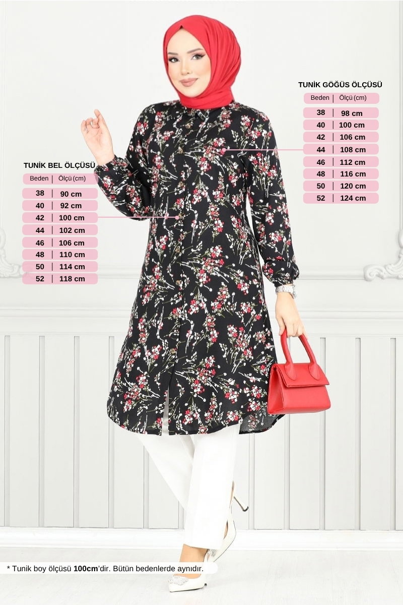 Çiçek Desenli Tesettür Tunik 0174BGS895-M