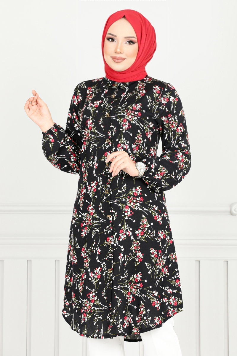 Çiçek Desenli Tesettür Tunik 0174BGS895-M görsel 3